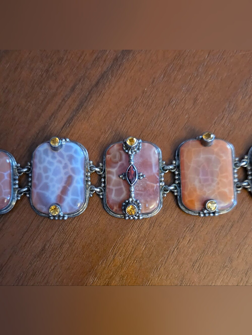 *Rare* Vintage 925 Sajen Mexican Crazy Lace Agate And Topaz/garnet Bracelet